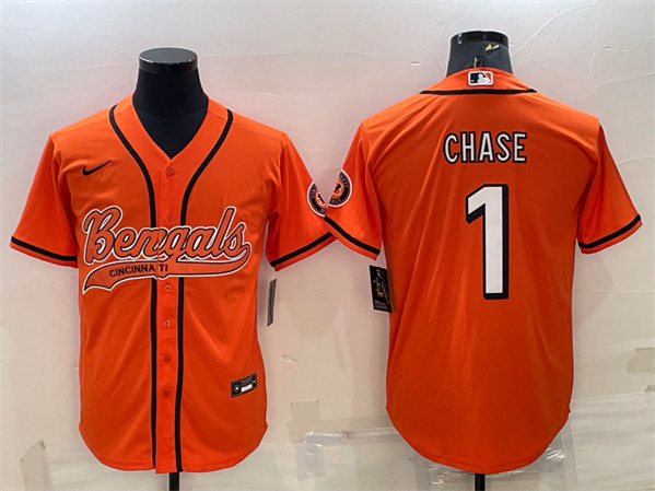 Men's Cincinnati Bengals #1 Ja'Marr Chase Orange With Patch Cool Base Stitched Baseball Jersey